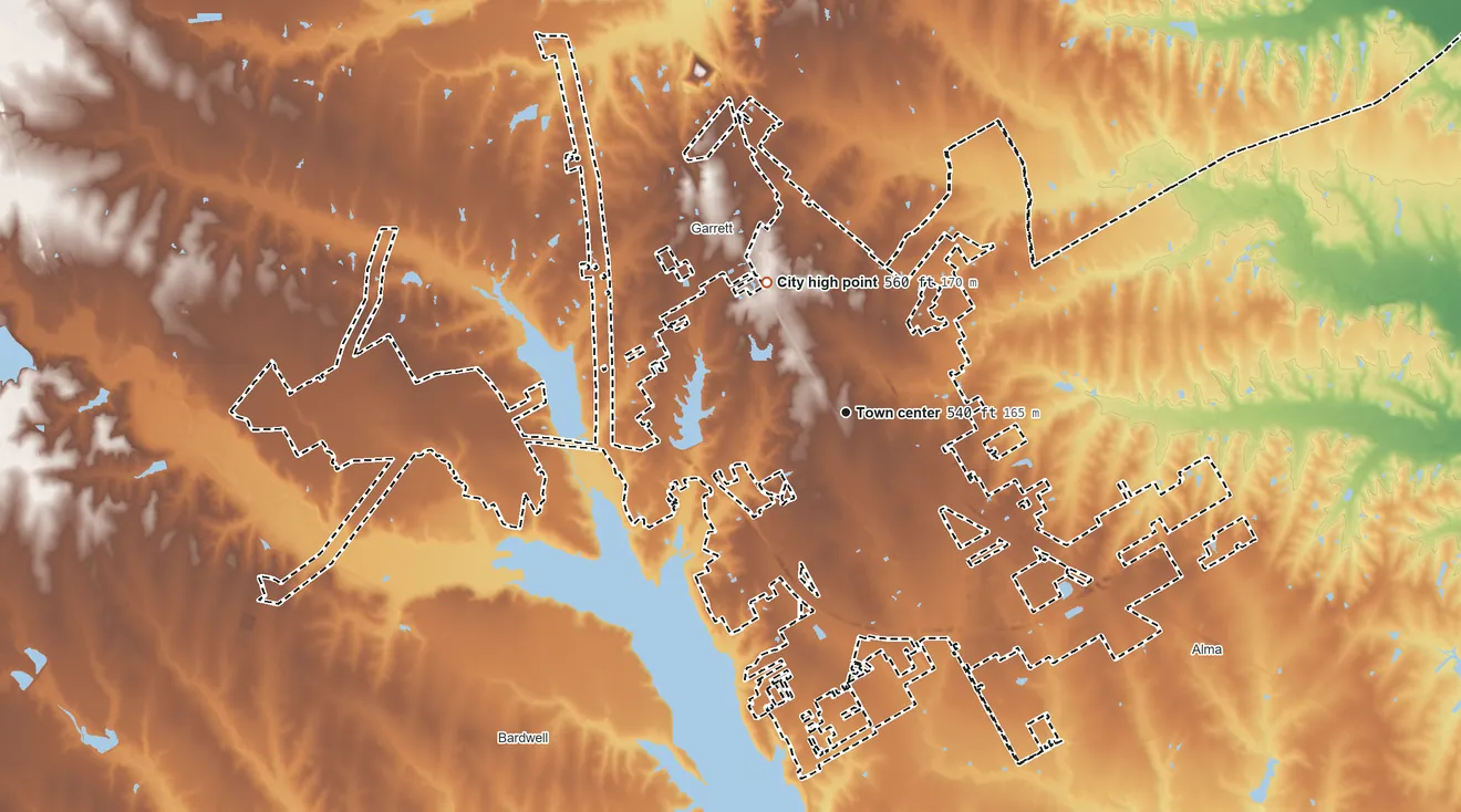 Topographic elevation map of Ennis, Texas, shaded from 310 ft on the northeast side to 560 ft on the northwest side