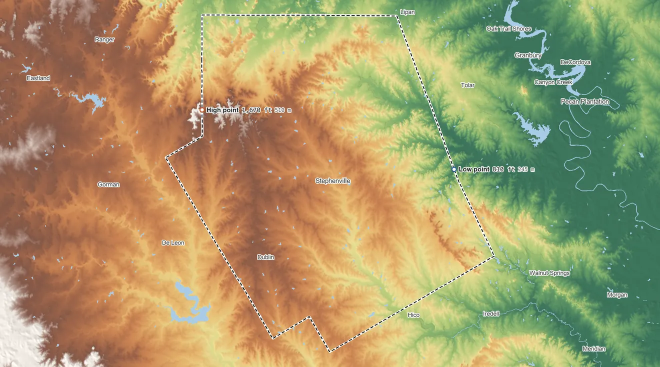 Topographic elevation map of Erath County, Texas, shaded from 810 ft on the east side to 1,670 ft on the northwest side