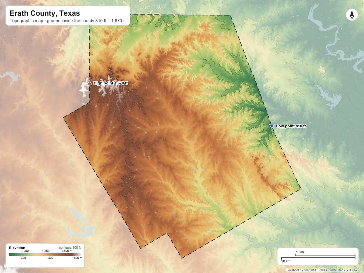 Topographic elevation map of Erath County, Texas, shaded from 810 ft on the east side to 1,670 ft on the northwest side