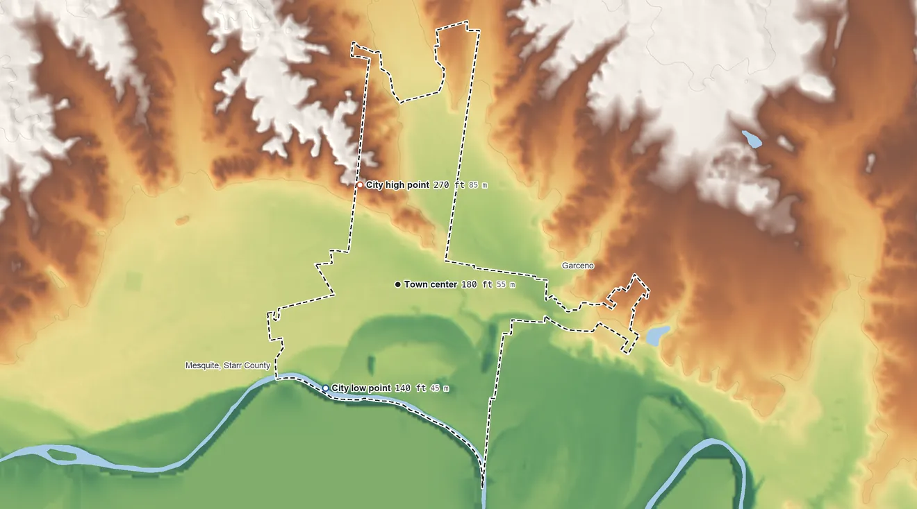 Topographic elevation map of Escobares, Texas, shaded from 140 ft on the southwest side to 270 ft on the north side