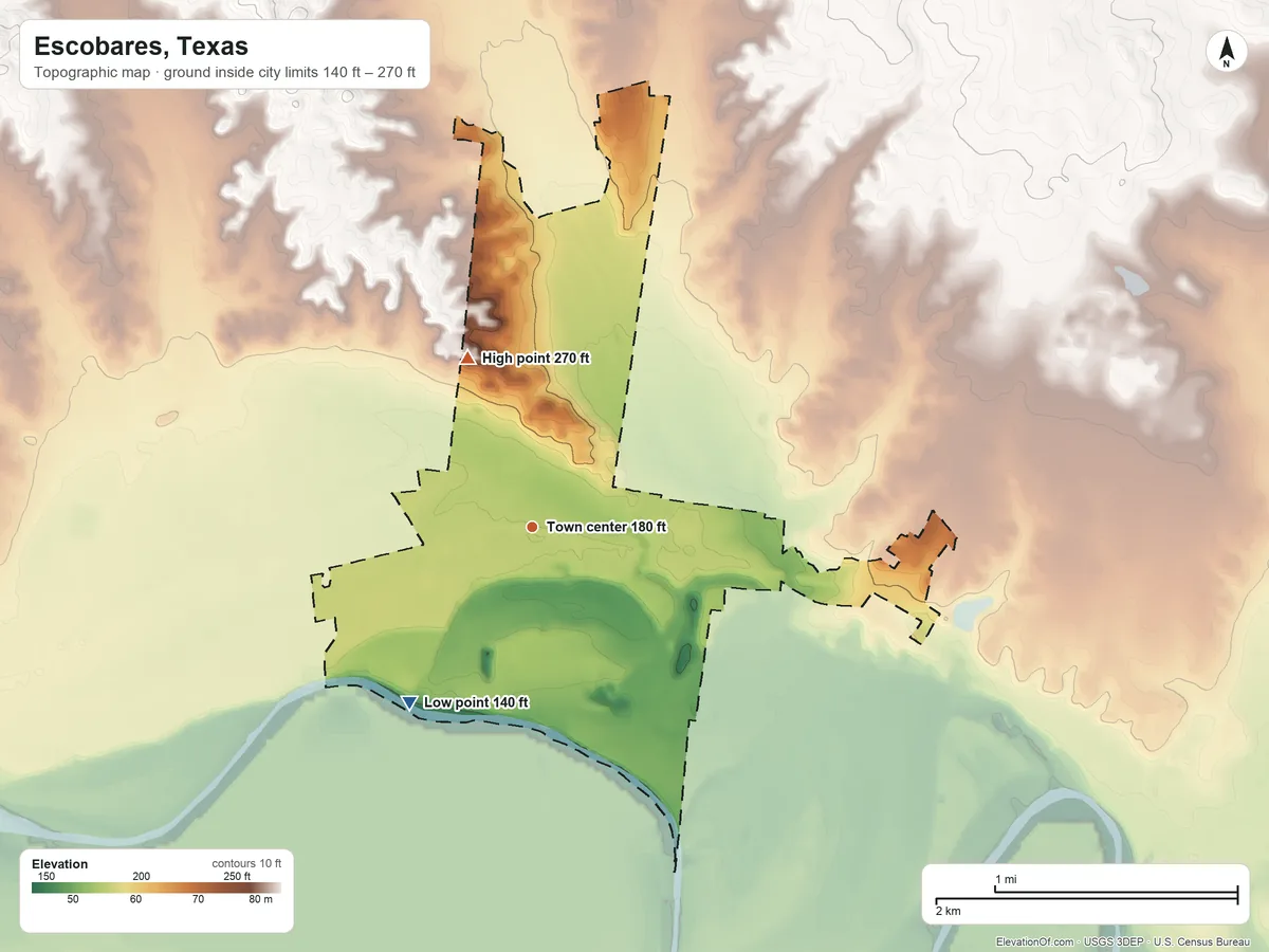 Topographic elevation map of Escobares, Texas, shaded from 140 ft on the southwest side to 270 ft on the north side