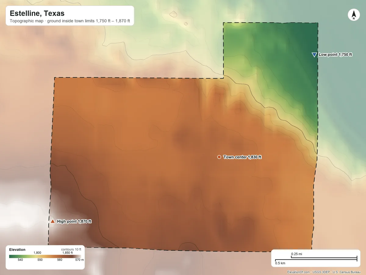 Topographic elevation map of Estelline, Texas, shaded from 1,750 ft on the northeast side to 1,870 ft on the west side