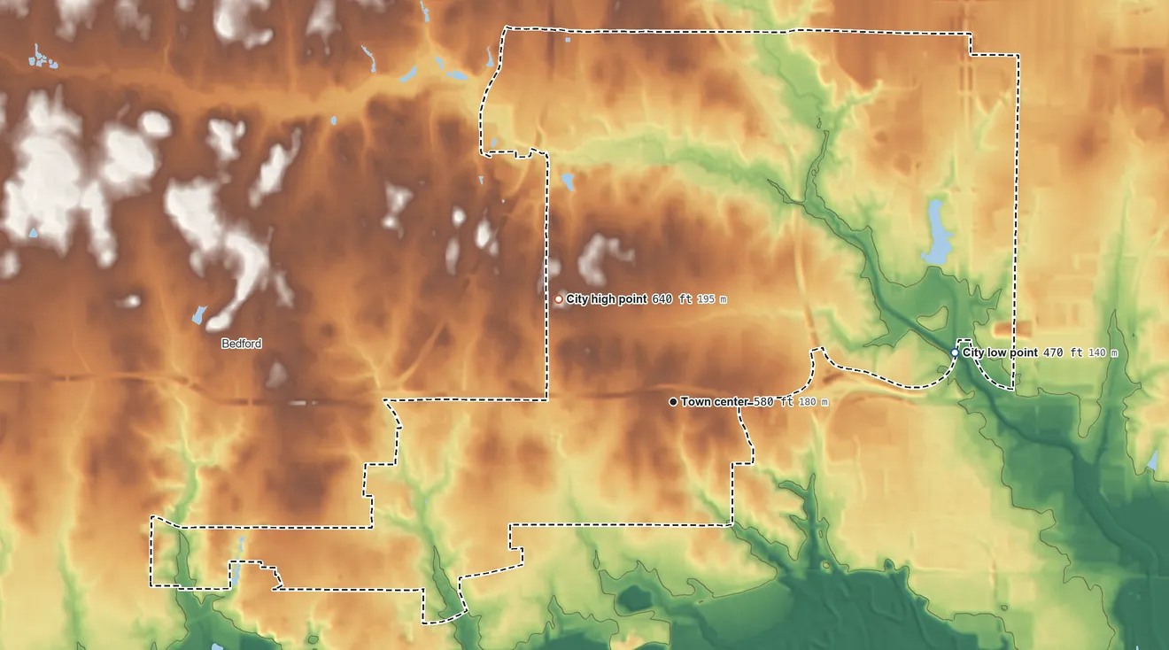 Topographic elevation map of Euless, Texas, shaded from 470 ft on the east side to 640 ft on the northwest side