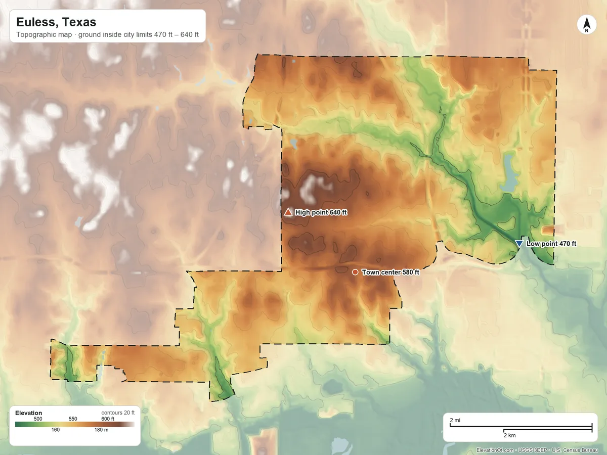 Topographic elevation map of Euless, Texas, shaded from 470 ft on the east side to 640 ft on the northwest side