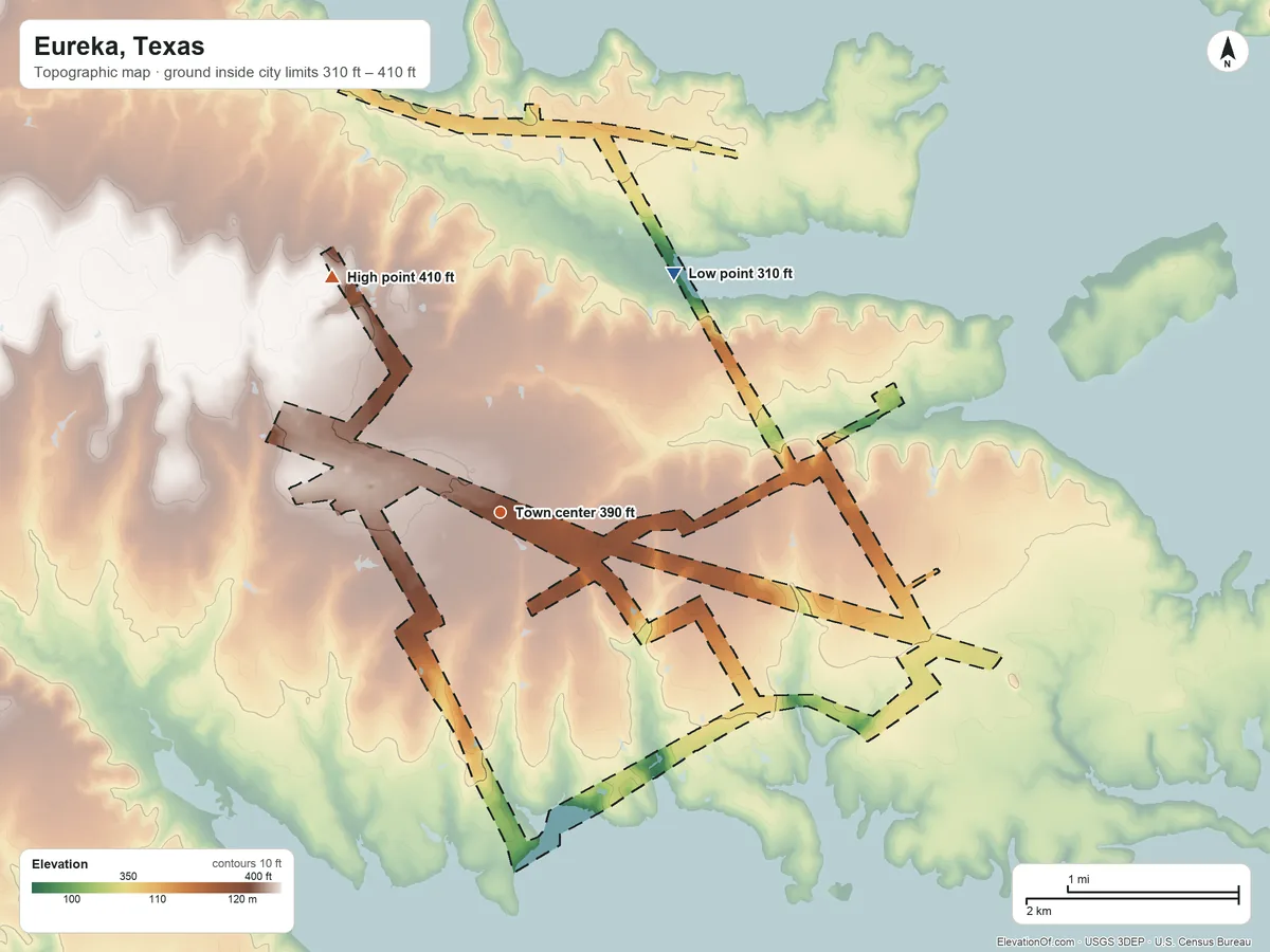 Topographic elevation map of Eureka, Texas, shaded from 310 ft on the northeast side to 410 ft on the northwest side