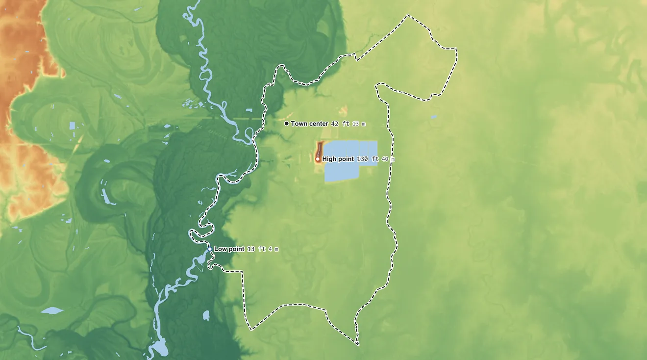 Topographic elevation map of Evadale, Texas, shaded from 13 ft on the southwest side to 130 ft on the southeast side