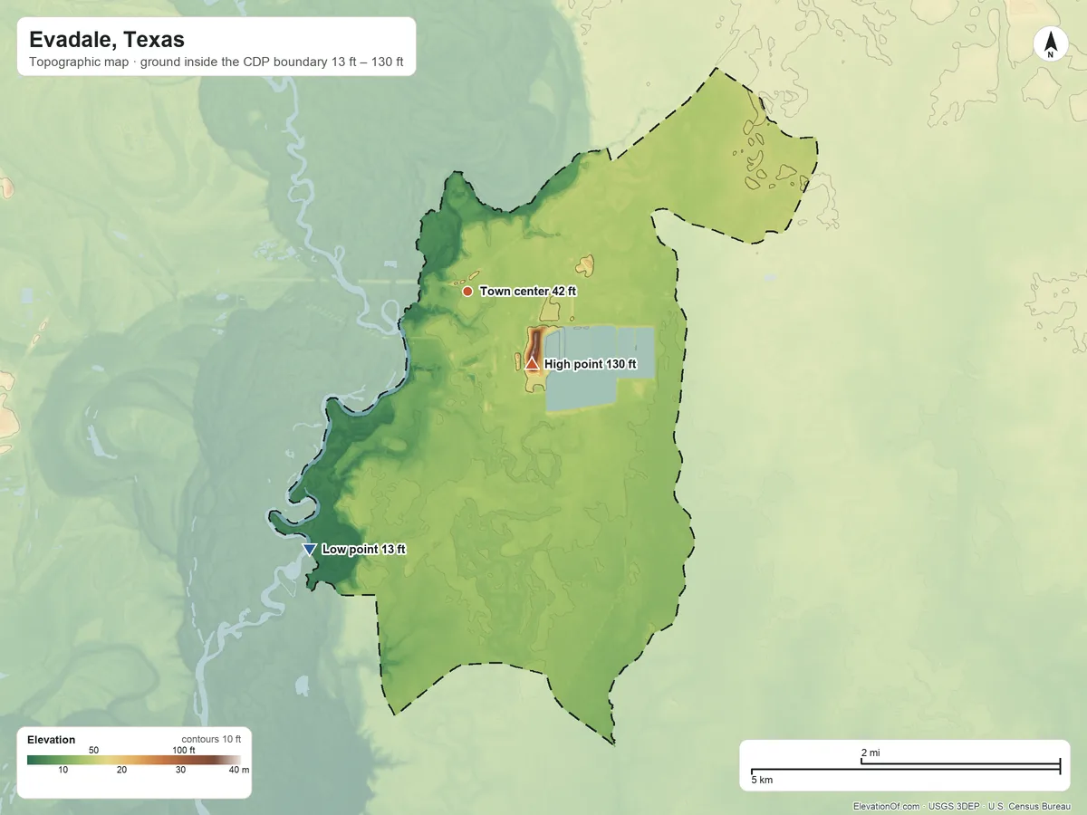 Topographic elevation map of Evadale, Texas, shaded from 13 ft on the southwest side to 130 ft on the southeast side