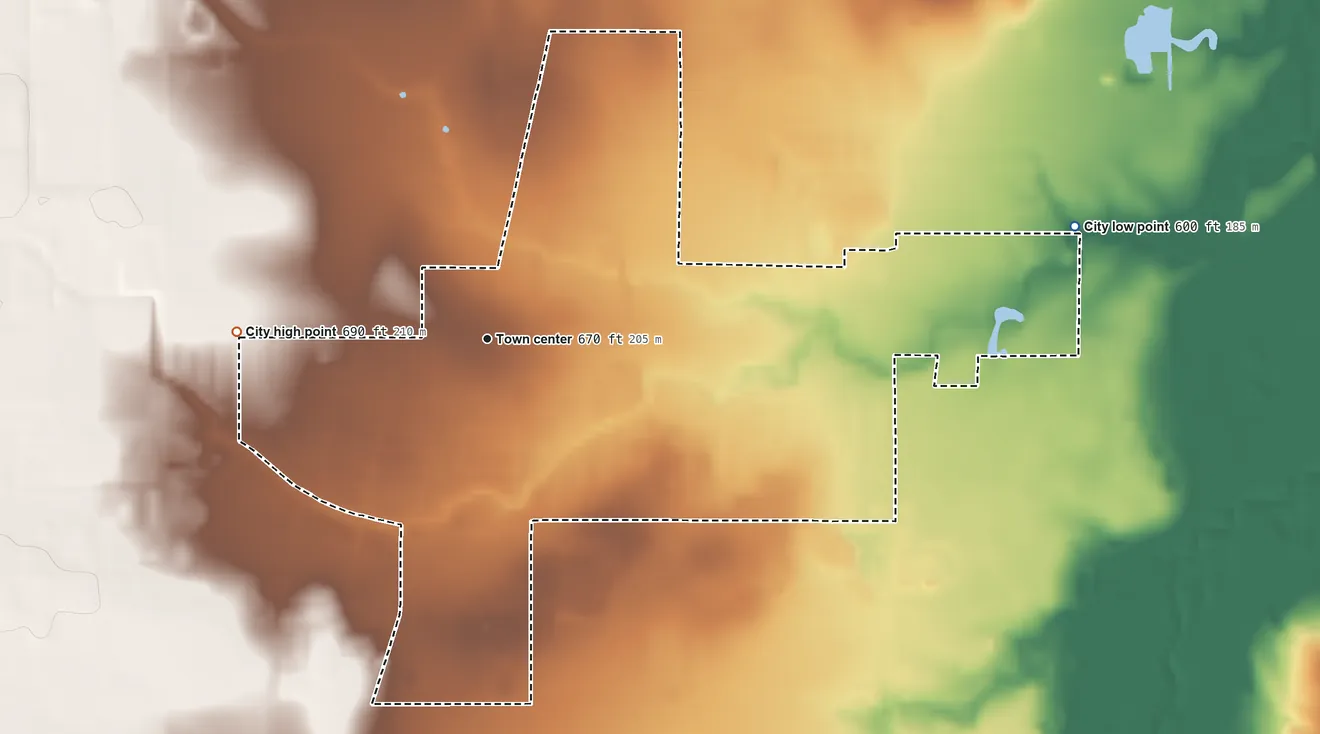 Topographic elevation map of Everman, Texas, shaded from 600 ft on the east side to 690 ft on the west side