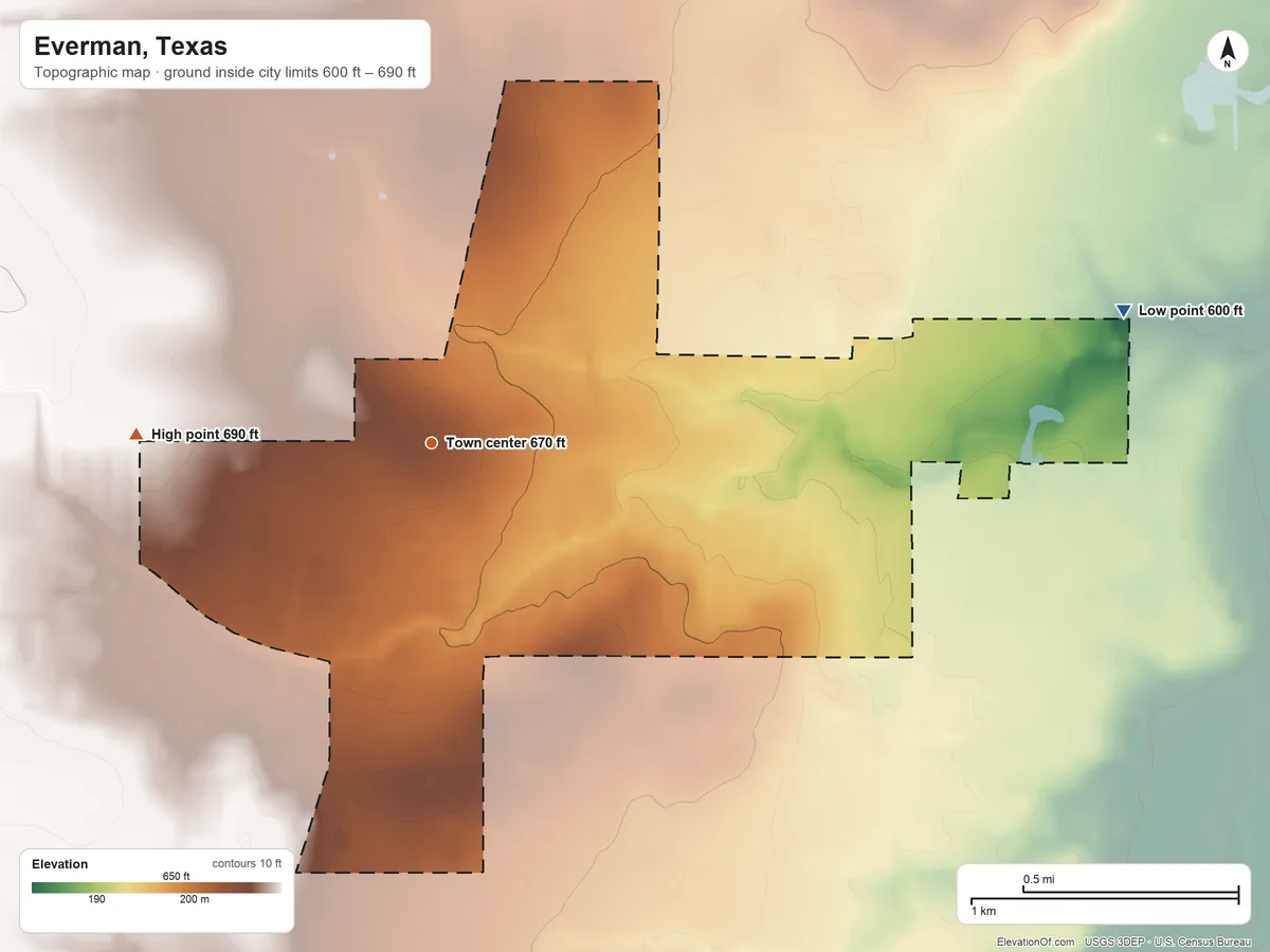 Topographic elevation map of Everman, Texas, shaded from 600 ft on the east side to 690 ft on the west side