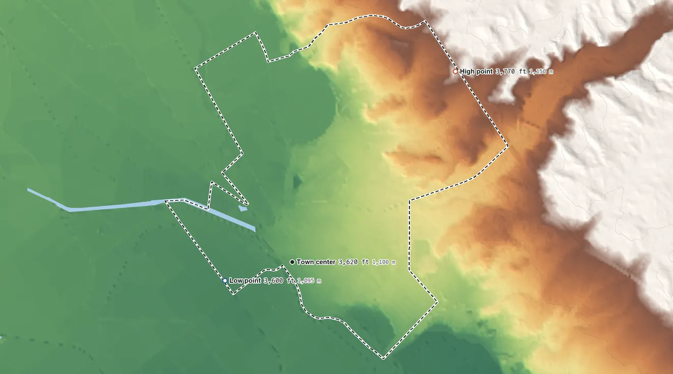 Topographic elevation map of Fabens, Texas, shaded from 3,600 ft on the west side to 3,770 ft on the northeast side