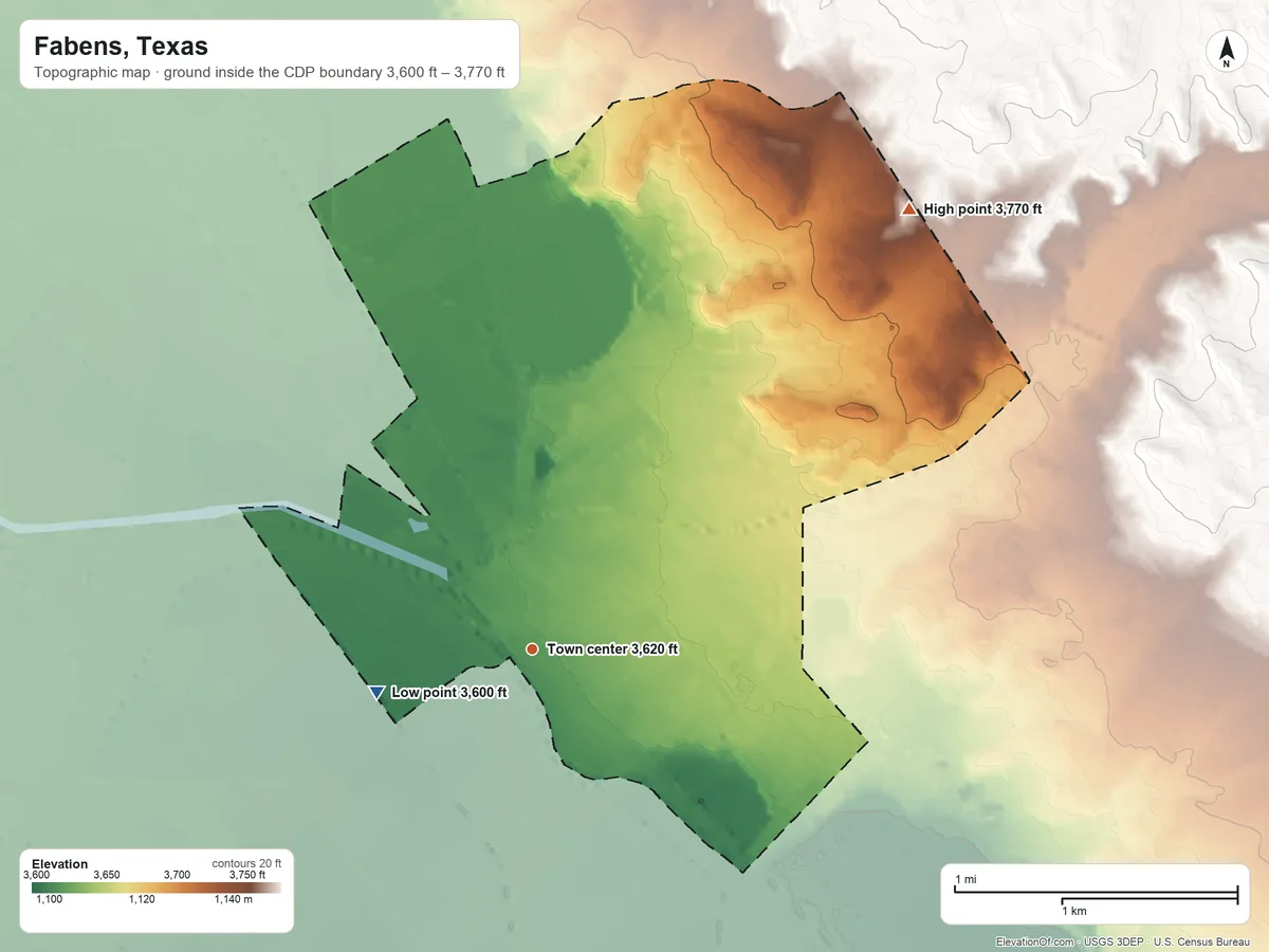 Topographic elevation map of Fabens, Texas, shaded from 3,600 ft on the west side to 3,770 ft on the northeast side