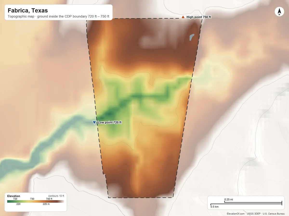 Topographic elevation map of Fabrica, Texas, shaded from 720 ft on the southwest side to 750 ft on the northeast side