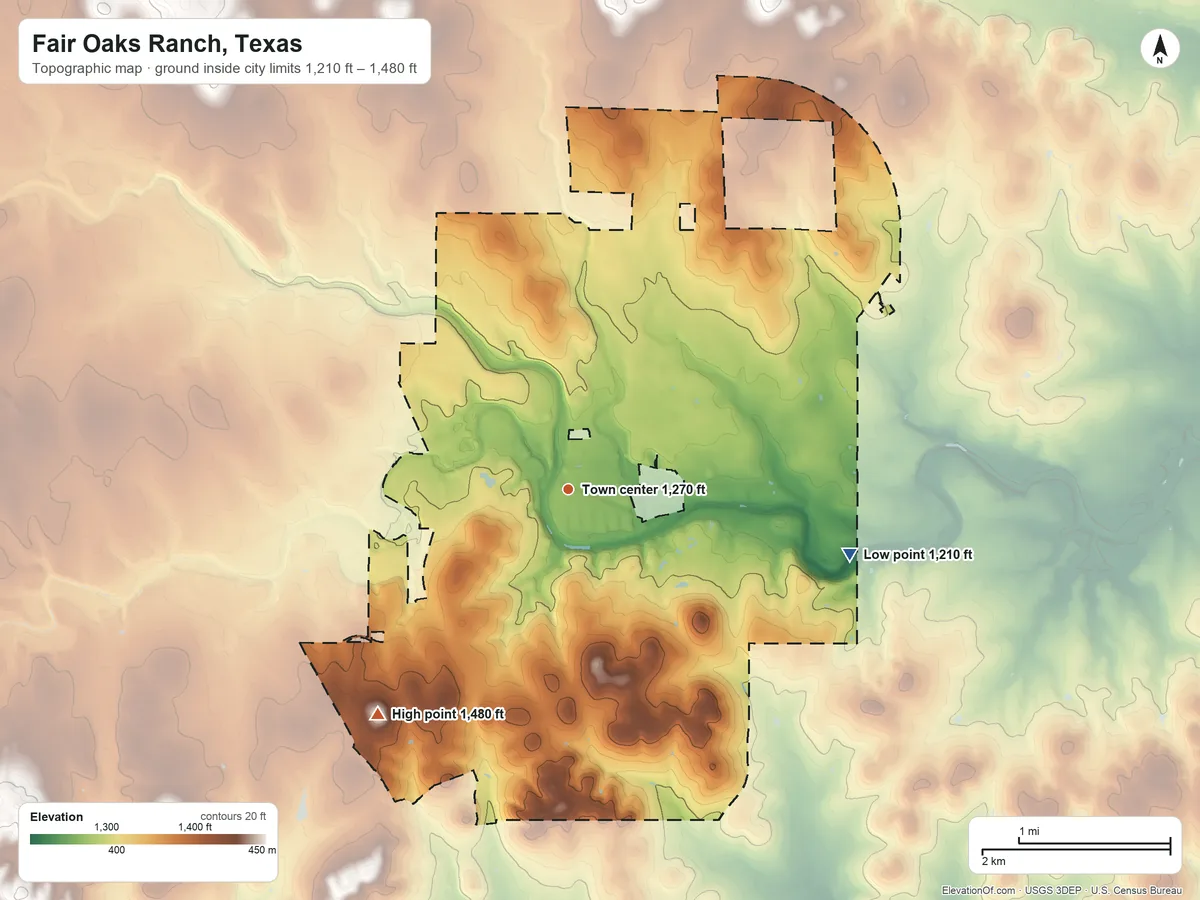 Topographic elevation map of Fair Oaks Ranch, Texas, shaded from 1,210 ft on the east side to 1,480 ft on the southwest side