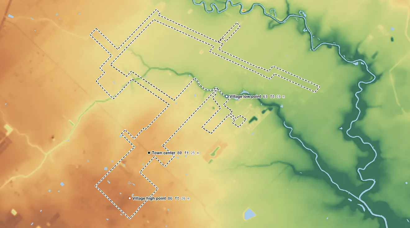 Topographic elevation map of Fairchilds, Texas, shaded from 63 ft on the northeast side to 86 ft on the southwest side