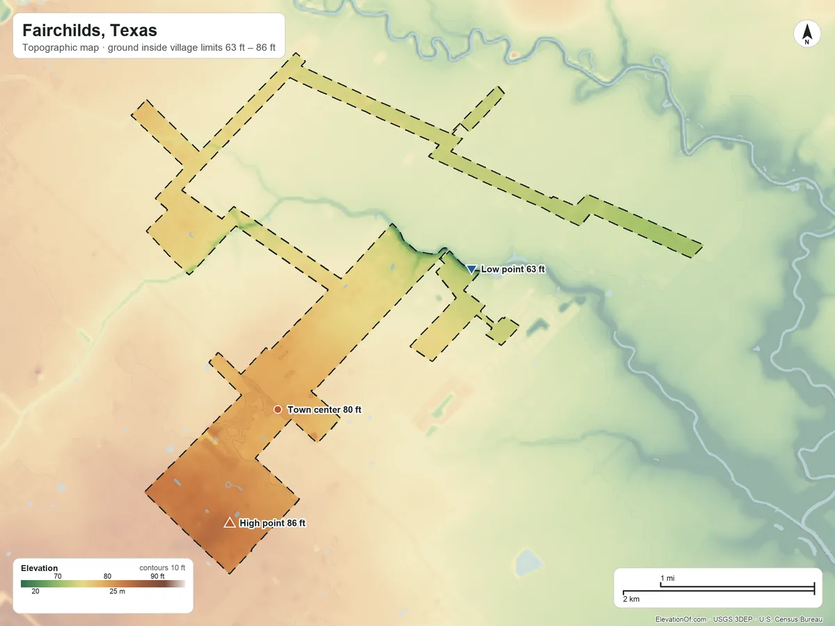 Topographic elevation map of Fairchilds, Texas, shaded from 63 ft on the northeast side to 86 ft on the southwest side