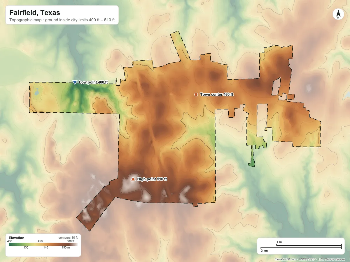 Topographic elevation map of Fairfield, Texas, shaded from 400 ft on the west side to 510 ft on the southwest side