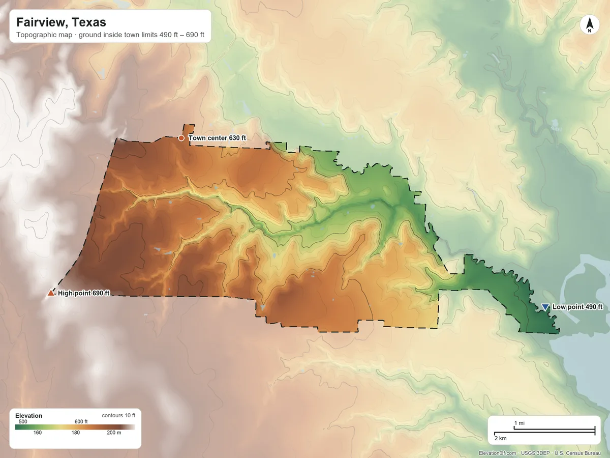Topographic elevation map of Fairview, Texas, shaded from 490 ft on the southeast side to 690 ft on the southwest side