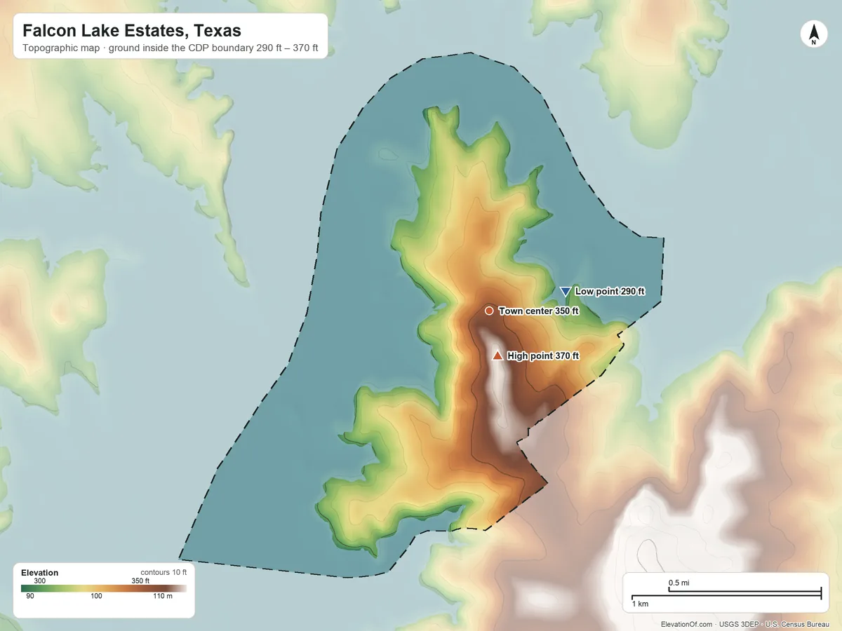 Topographic elevation map of Falcon Lake Estates, Texas, shaded from 290 ft on the east side to 370 ft near the middle