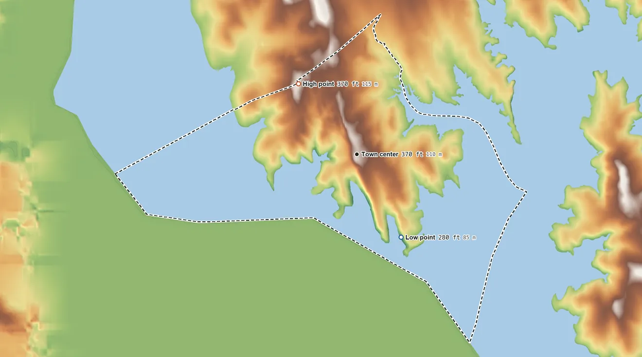 Topographic elevation map of Falcon Mesa, Texas, shaded from 280 ft on the southeast side to 370 ft on the northwest side