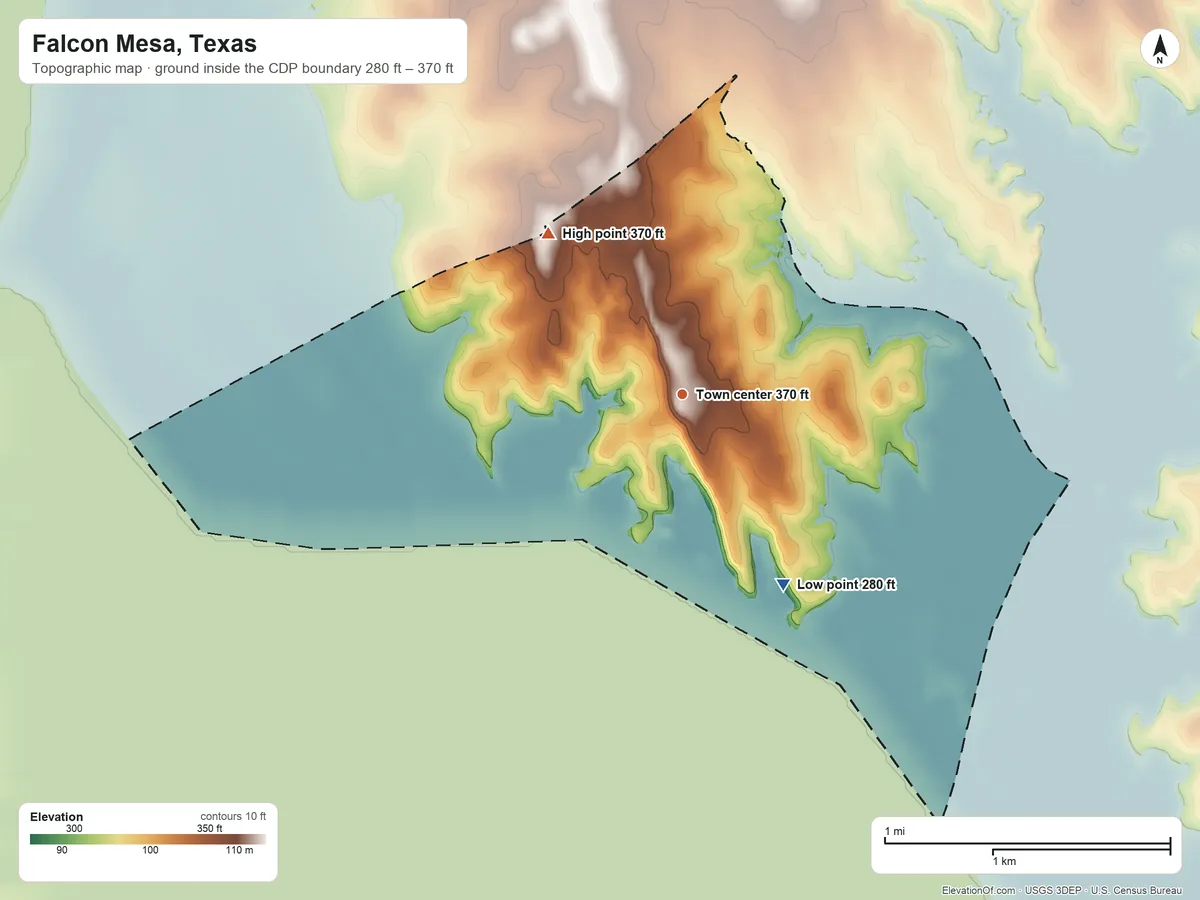 Topographic elevation map of Falcon Mesa, Texas, shaded from 280 ft on the southeast side to 370 ft on the northwest side