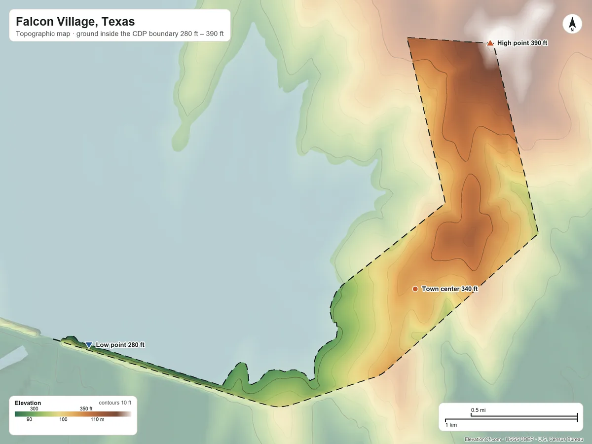 Topographic elevation map of Falcon Village, Texas, shaded from 280 ft on the west side to 390 ft on the north side