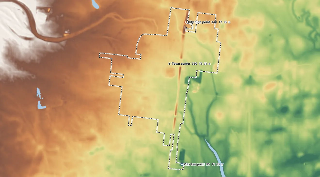 Topographic elevation map of Falfurrias, Texas, shaded from 95 ft on the south side to 140 ft on the north side