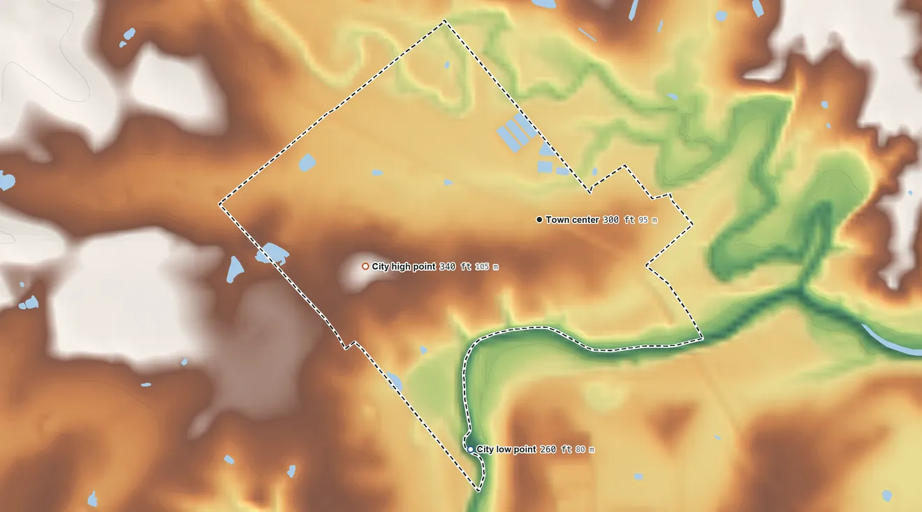 Topographic elevation map of Falls City, Texas, shaded from 260 ft on the south side to 340 ft on the west side