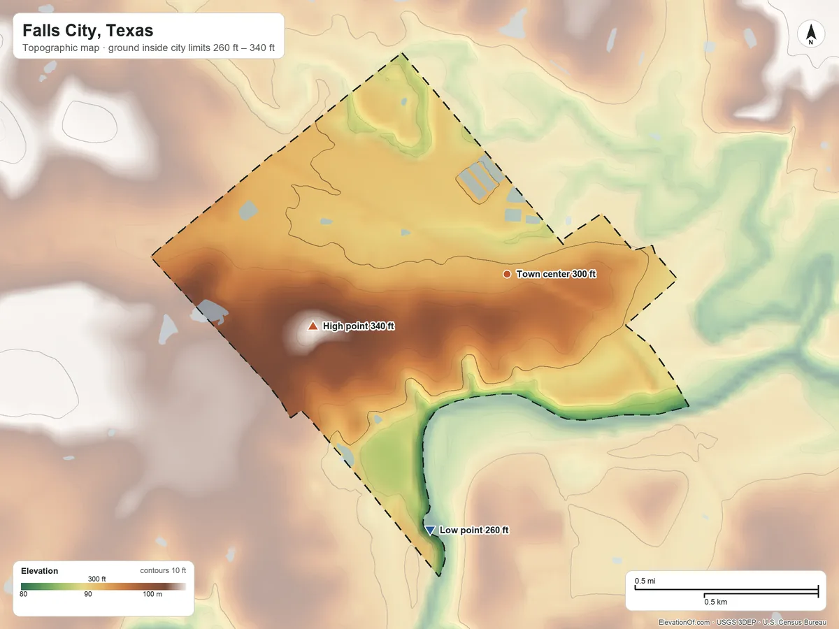 Topographic elevation map of Falls City, Texas, shaded from 260 ft on the south side to 340 ft on the west side