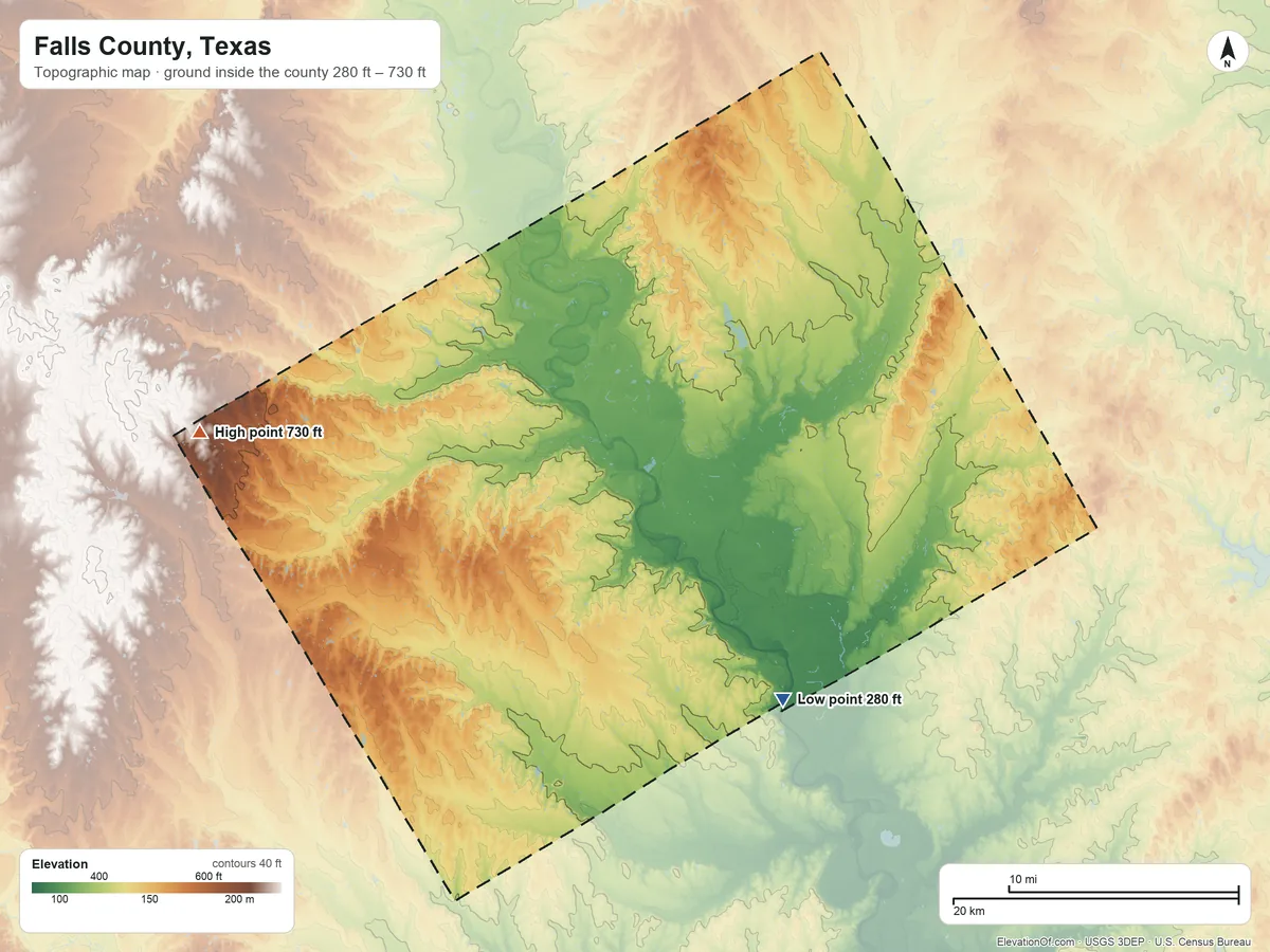 Topographic elevation map of Falls County, Texas, shaded from 280 ft on the southeast side to 730 ft on the west side