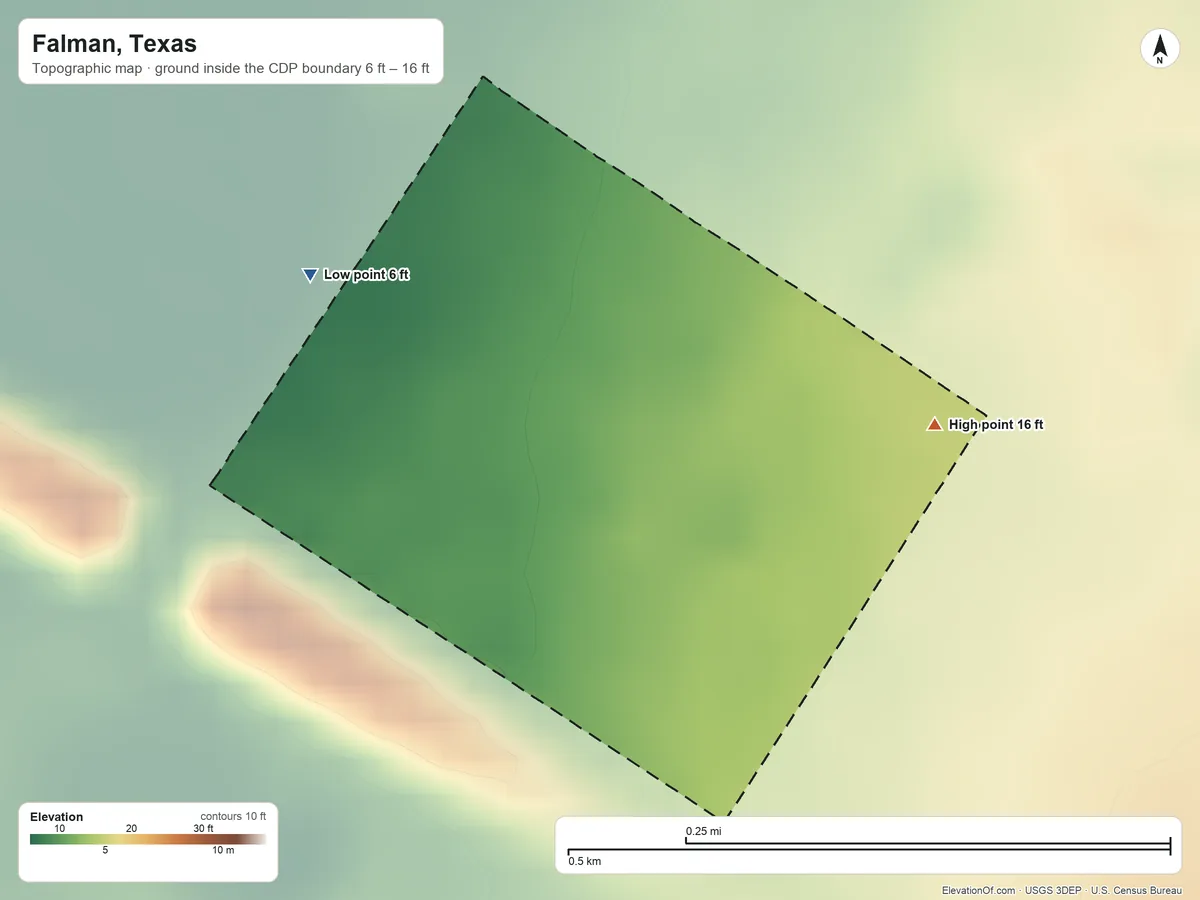 Topographic elevation map of Falman, Texas, shaded from 6 ft on the northwest side to 16 ft on the east side