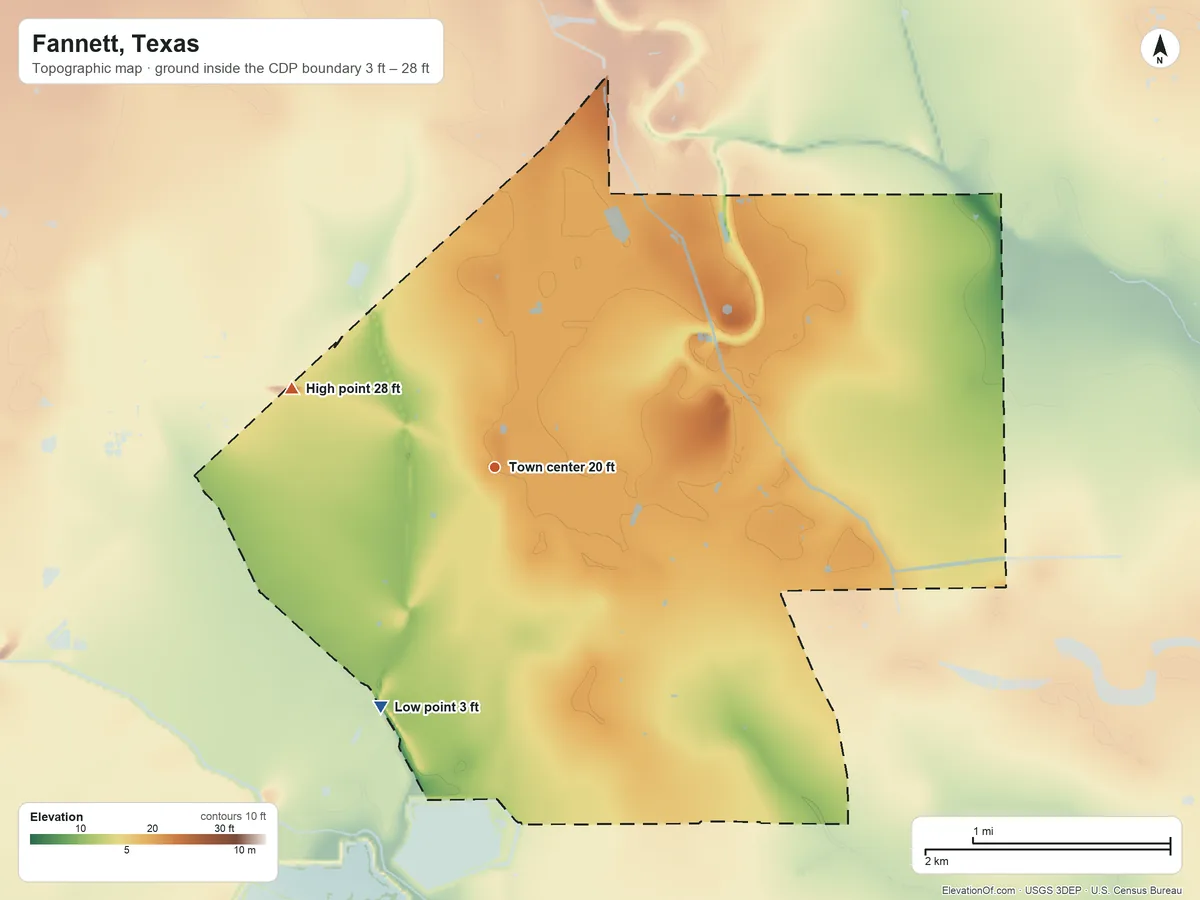 Topographic elevation map of Fannett, Texas, shaded from 3 ft on the southwest side to 28 ft on the west side