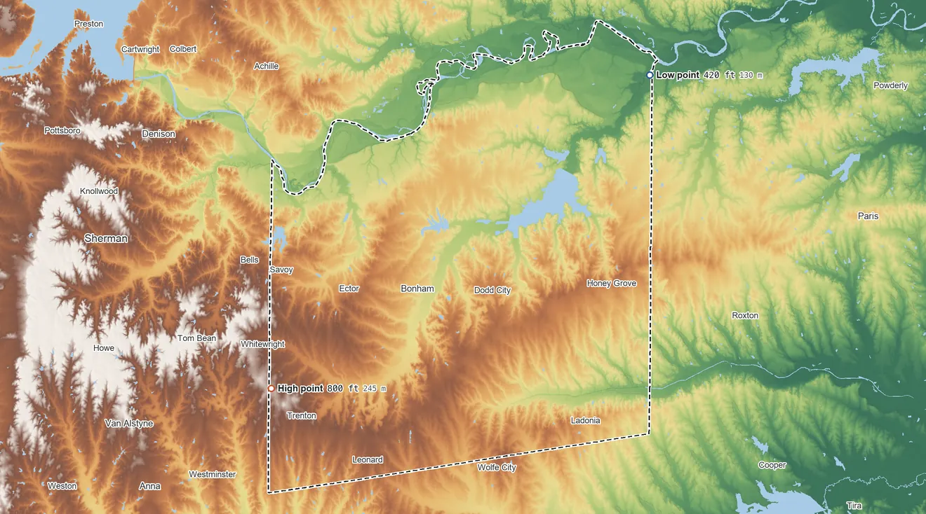 Topographic elevation map of Fannin County, Texas, shaded from 420 ft on the northeast side to 800 ft on the southwest side