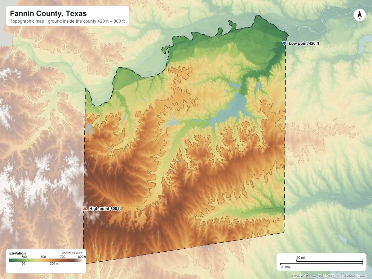 Topographic elevation map of Fannin County, Texas, shaded from 420 ft on the northeast side to 800 ft on the southwest side