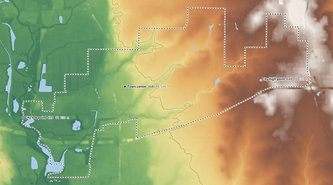 Topographic elevation map of Farmers Branch, Texas, shaded from 420 ft on the west side to 640 ft on the east side