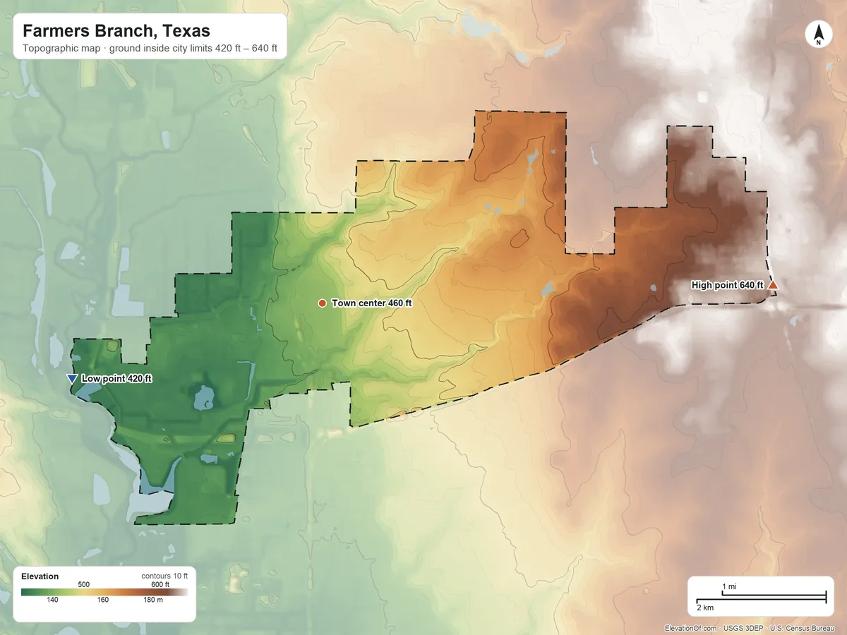 Topographic elevation map of Farmers Branch, Texas, shaded from 420 ft on the west side to 640 ft on the east side