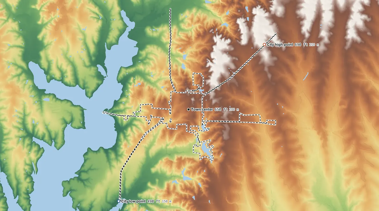 Topographic elevation map of Farmersville, Texas, shaded from 490 ft on the southwest side to 690 ft on the northeast side