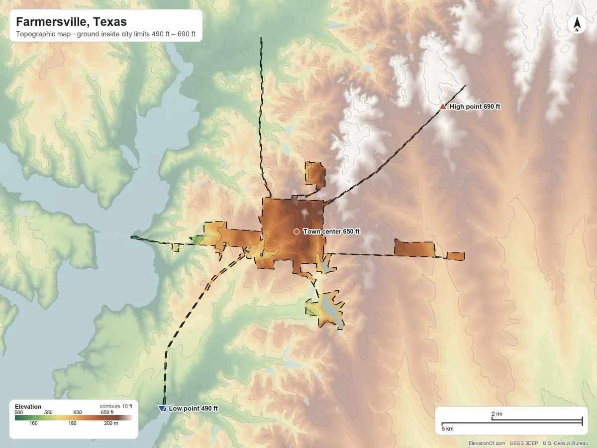 Topographic elevation map of Farmersville, Texas, shaded from 490 ft on the southwest side to 690 ft on the northeast side