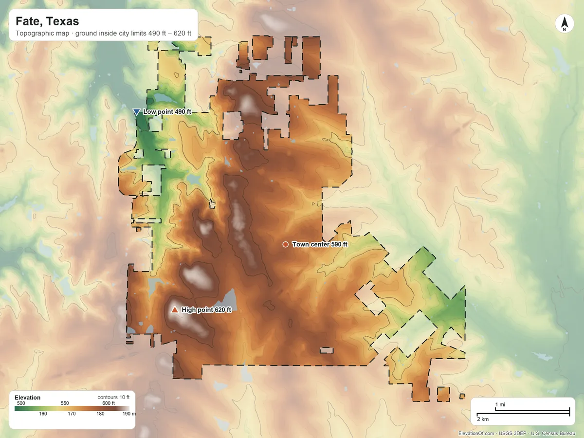Topographic elevation map of Fate, Texas, shaded from 490 ft on the northwest side to 620 ft on the southwest side