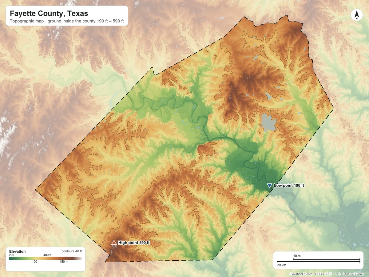 Topographic elevation map of Fayette County, Texas, shaded from 190 ft on the southeast side to 590 ft on Obar Hill
