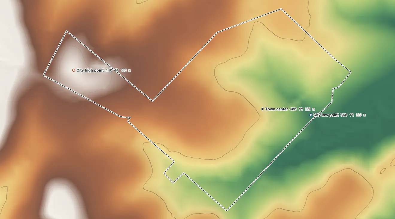 Topographic elevation map of Fayetteville, Texas, shaded from 360 ft on the east side to 440 ft on the west side