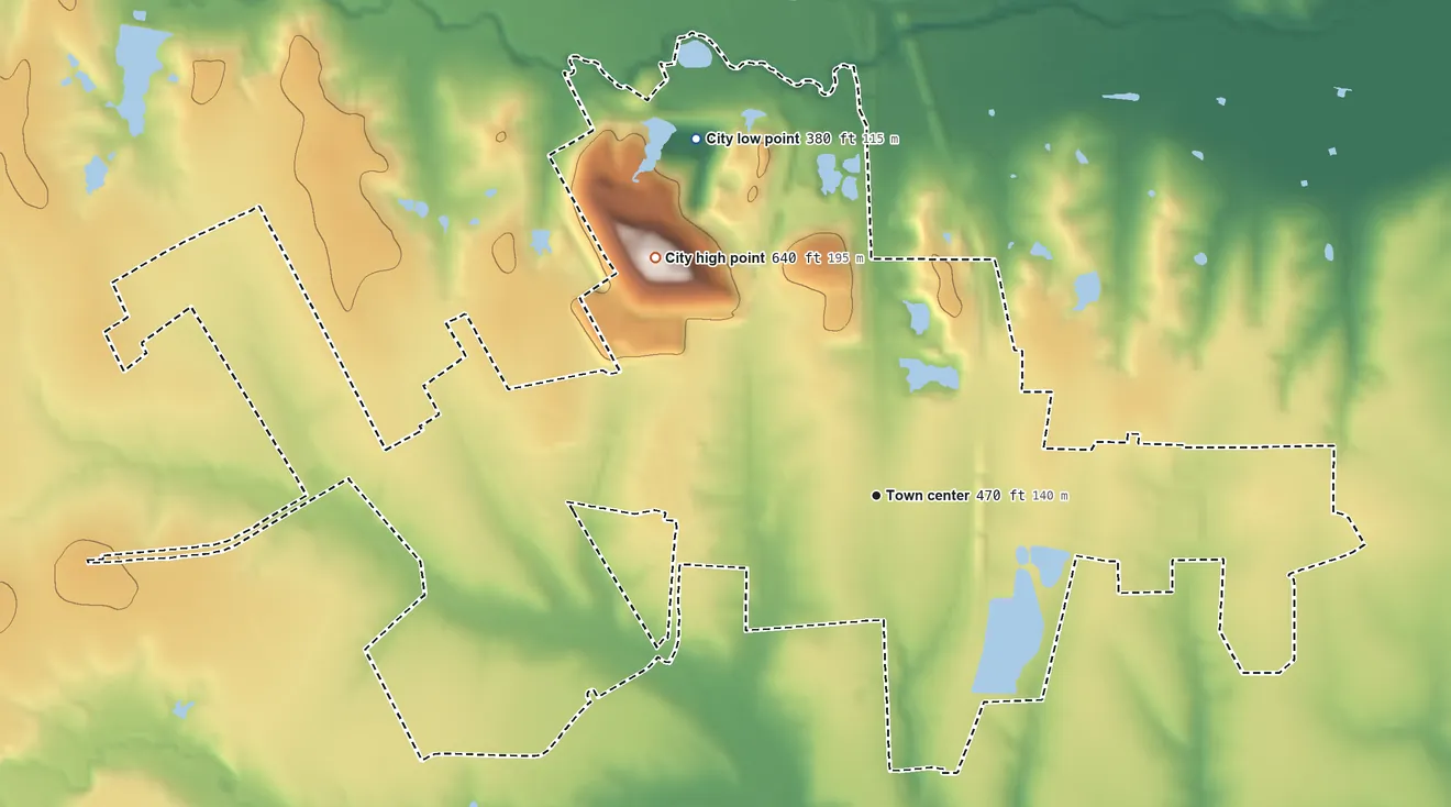 Topographic elevation map of Ferris, Texas, shaded from 380 ft on the northwest side to 640 ft on the northwest side