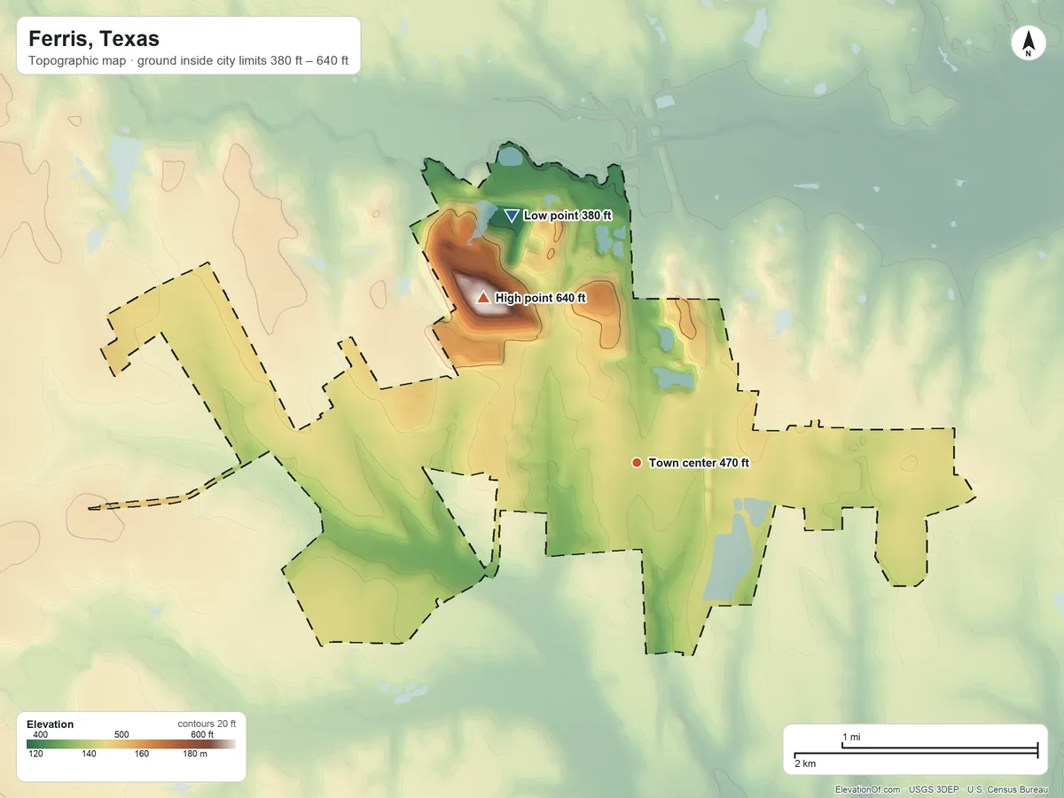 Topographic elevation map of Ferris, Texas, shaded from 380 ft on the northwest side to 640 ft on the northwest side