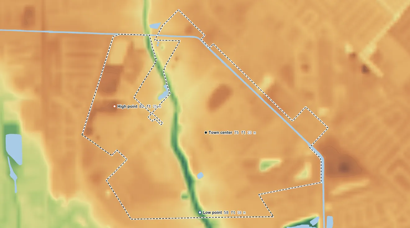 Topographic elevation map of Fifth Street, Texas, shaded from 58 ft on the south side to 82 ft on the west side