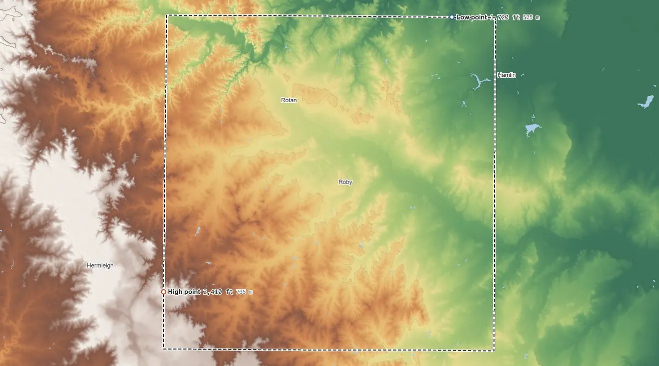 Topographic elevation map of Fisher County, Texas, shaded from 1,720 ft on the northeast side to 2,410 ft on the southwest side