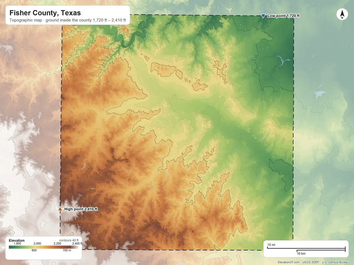 Topographic elevation map of Fisher County, Texas, shaded from 1,720 ft on the northeast side to 2,410 ft on the southwest side