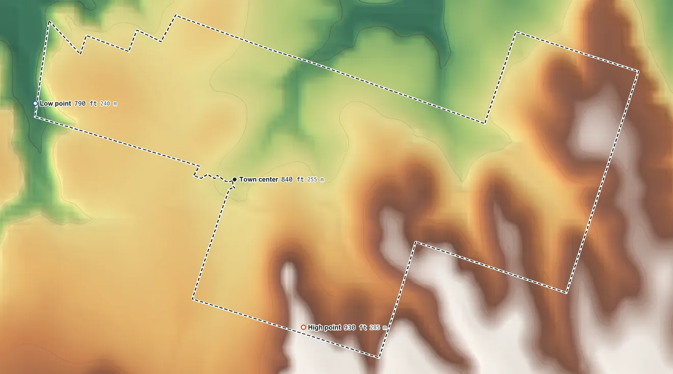Topographic elevation map of Flat, Texas, shaded from 790 ft on the west side to 930 ft on the southeast side