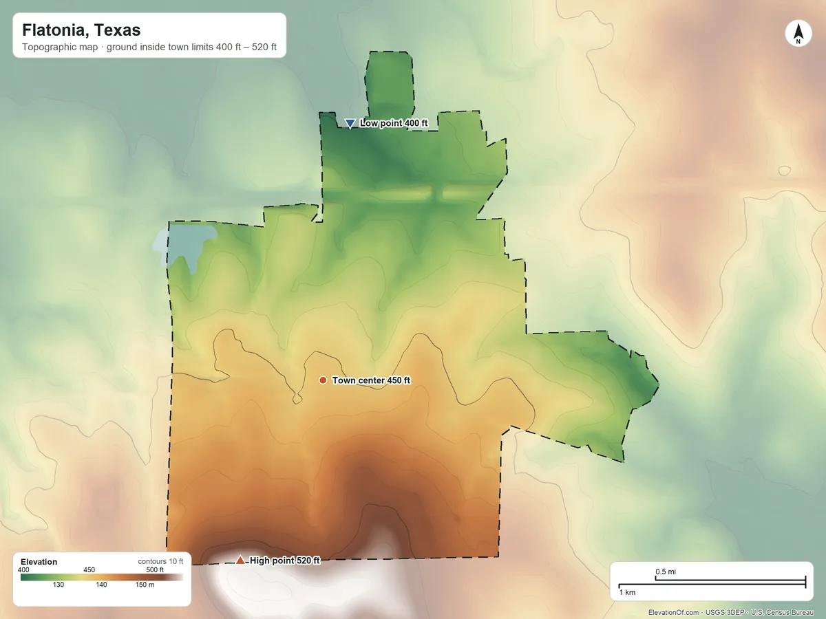 Topographic elevation map of Flatonia, Texas, shaded from 400 ft on the north side to 520 ft on the southwest side