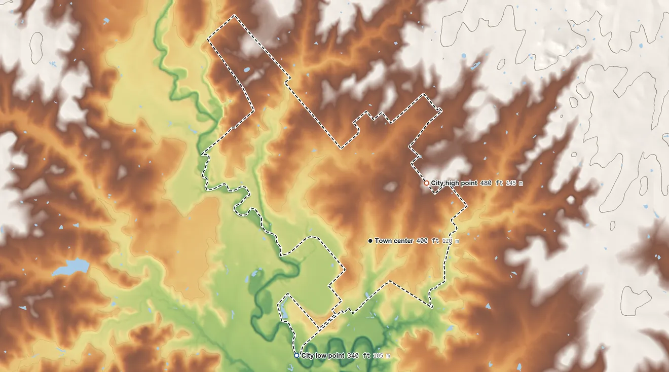 Topographic elevation map of Floresville, Texas, shaded from 340 ft on the southwest side to 480 ft on the northeast side