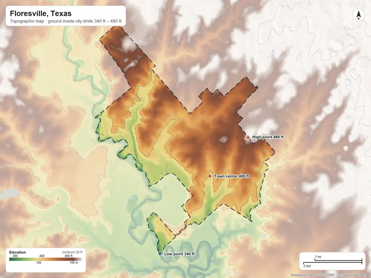 Topographic elevation map of Floresville, Texas, shaded from 340 ft on the southwest side to 480 ft on the northeast side