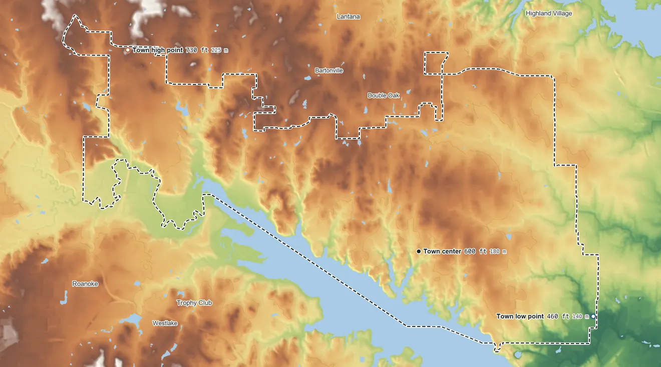 Topographic elevation map of Flower Mound, Texas, shaded from 460 ft on the east side to 730 ft on the northwest side